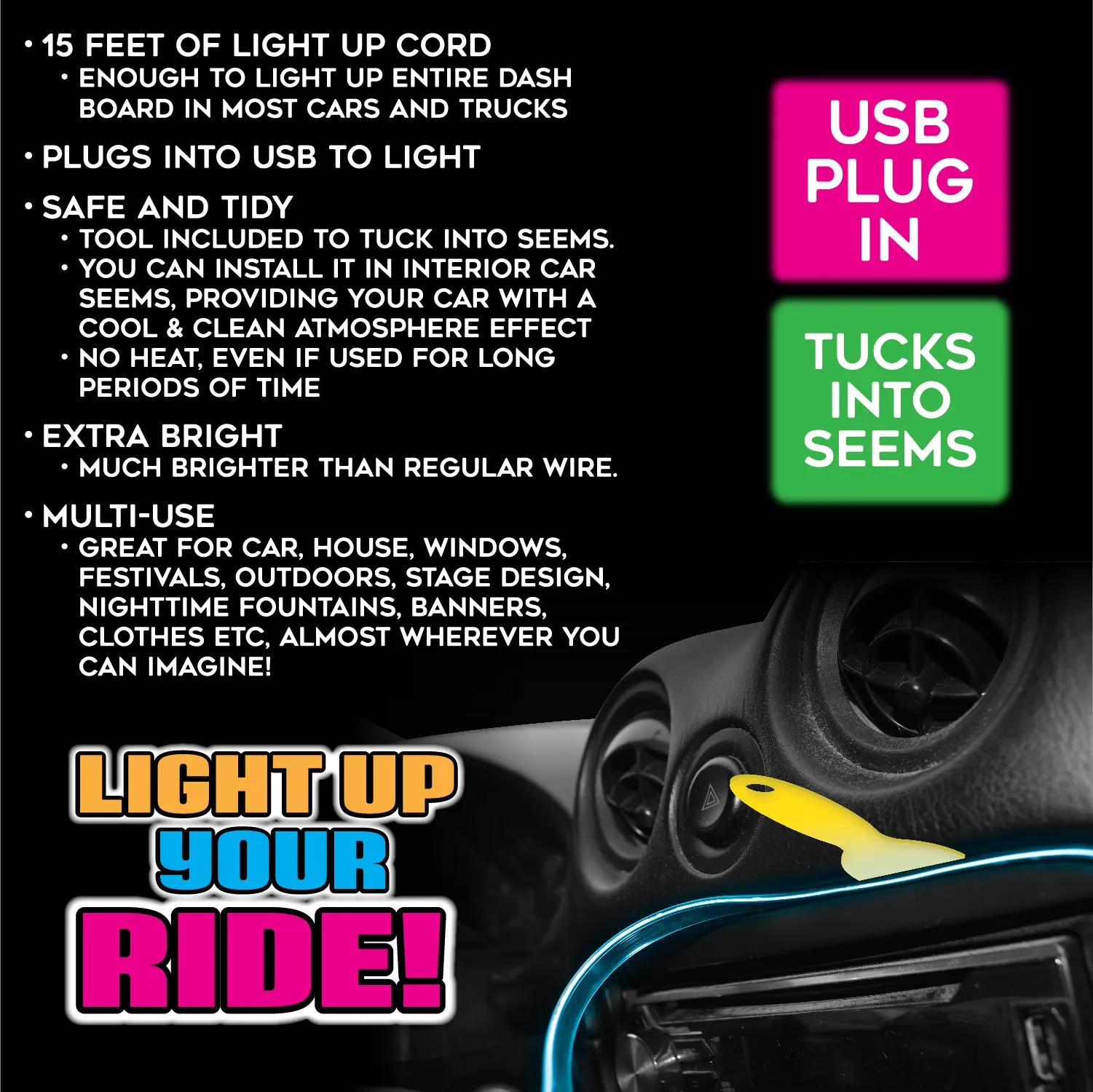 Car Interior Light Strip USB - 6 Pieces Per Retail Ready Display 23698