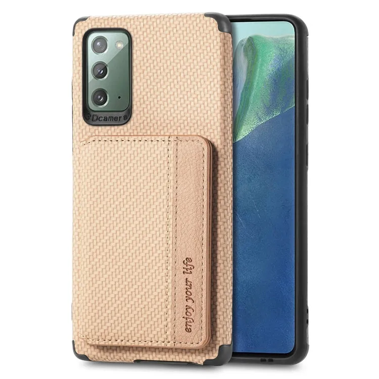 For Samsung Galaxy Note20 Carbon Fiber Magnetic Card Bag TPU PU Shockproof Back Cover Case with