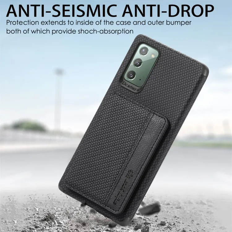 For Samsung Galaxy Note20 Carbon Fiber Magnetic Card Bag TPU PU Shockproof Back Cover Case with