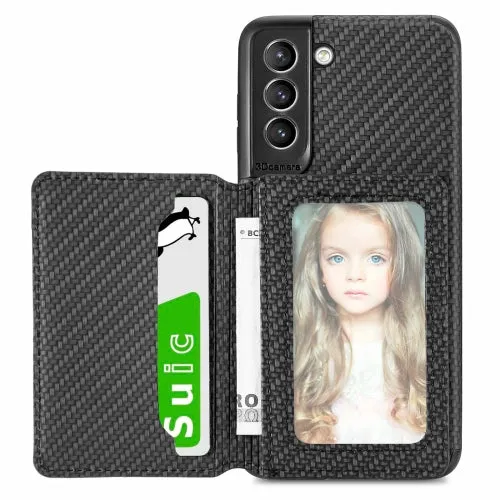 For Samsung Galaxy S21  5G Carbon Fiber Magnetic Card Bag TPU PU Shockproof Back Cover Case with