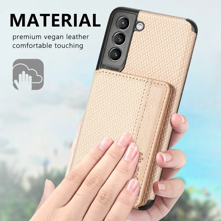 For Samsung Galaxy S21  5G Carbon Fiber Magnetic Card Bag TPU PU Shockproof Back Cover Case with