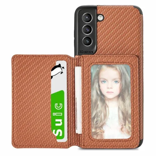 For Samsung Galaxy S21  5G Carbon Fiber Magnetic Card Bag TPU PU Shockproof Back Cover Case with