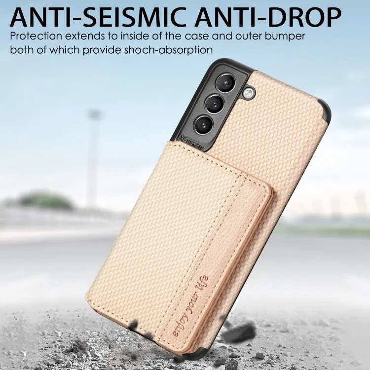 For Samsung Galaxy S21  5G Carbon Fiber Magnetic Card Bag TPU PU Shockproof Back Cover Case with