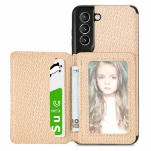 For Samsung Galaxy S21  5G Carbon Fiber Magnetic Card Bag TPU PU Shockproof Back Cover Case with