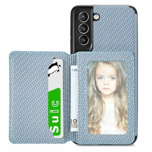 For Samsung Galaxy S21  5G Carbon Fiber Magnetic Card Bag TPU PU Shockproof Back Cover Case with