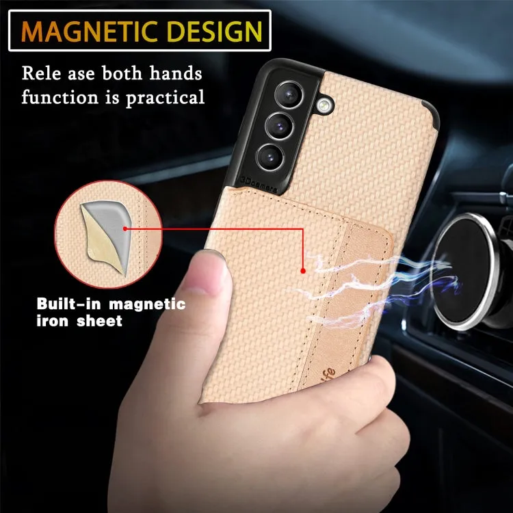For Samsung Galaxy S21  5G Carbon Fiber Magnetic Card Bag TPU PU Shockproof Back Cover Case with