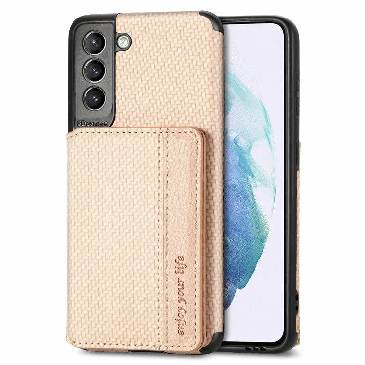 For Samsung Galaxy S21  5G Carbon Fiber Magnetic Card Bag TPU PU Shockproof Back Cover Case with