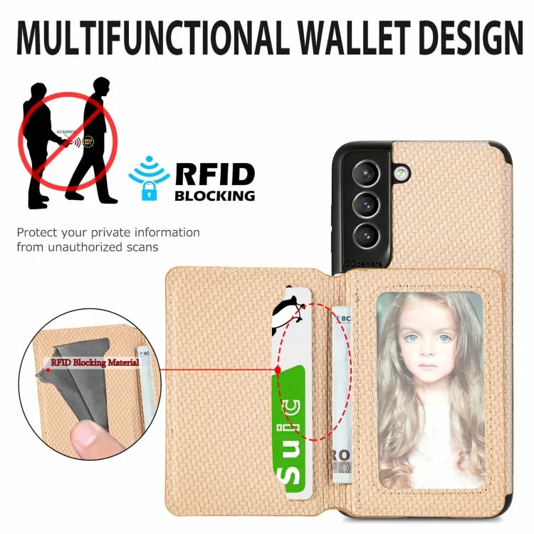 For Samsung Galaxy S21  5G Carbon Fiber Magnetic Card Bag TPU PU Shockproof Back Cover Case with