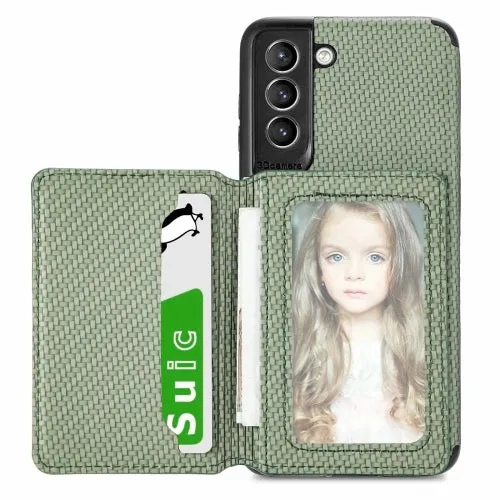 For Samsung Galaxy S21  5G Carbon Fiber Magnetic Card Bag TPU PU Shockproof Back Cover Case with