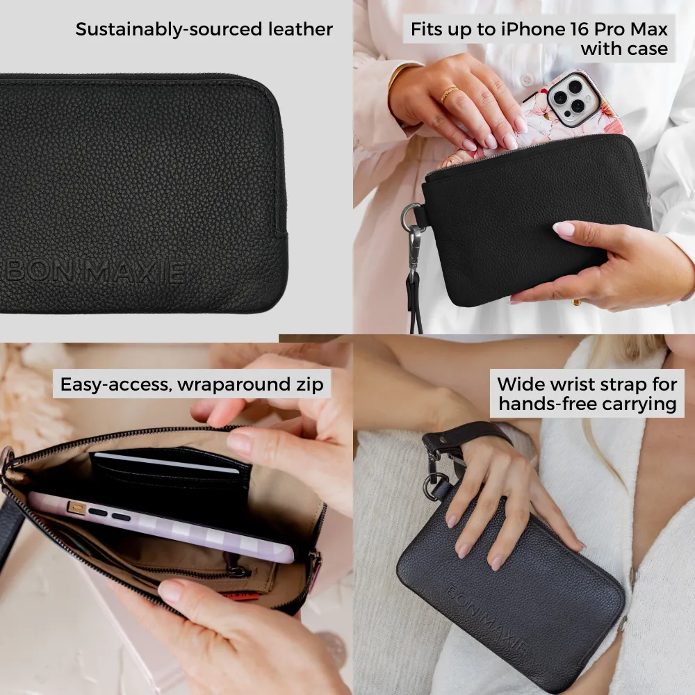 Leather Phone Wallet Pouch -- Black Gingham