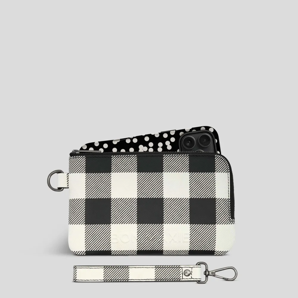 Leather Phone Wallet Pouch -- Black Gingham
