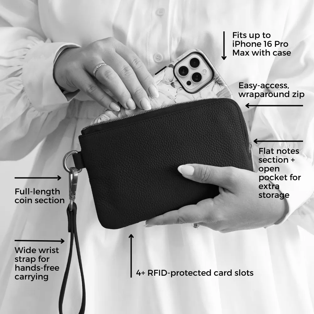 Leather Phone Wallet Pouch -- Black Gingham