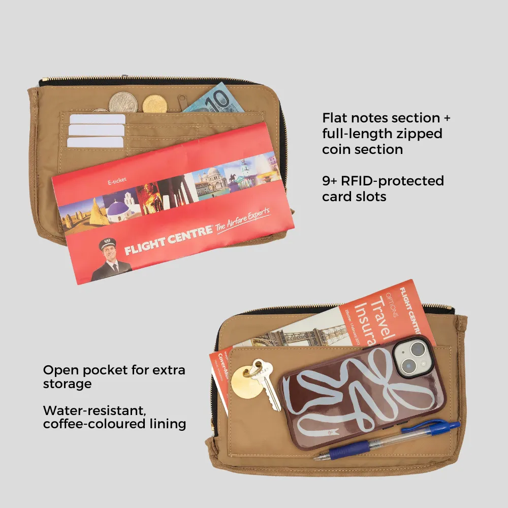Multi-Pocket Leather Travel Wallet -- Tan