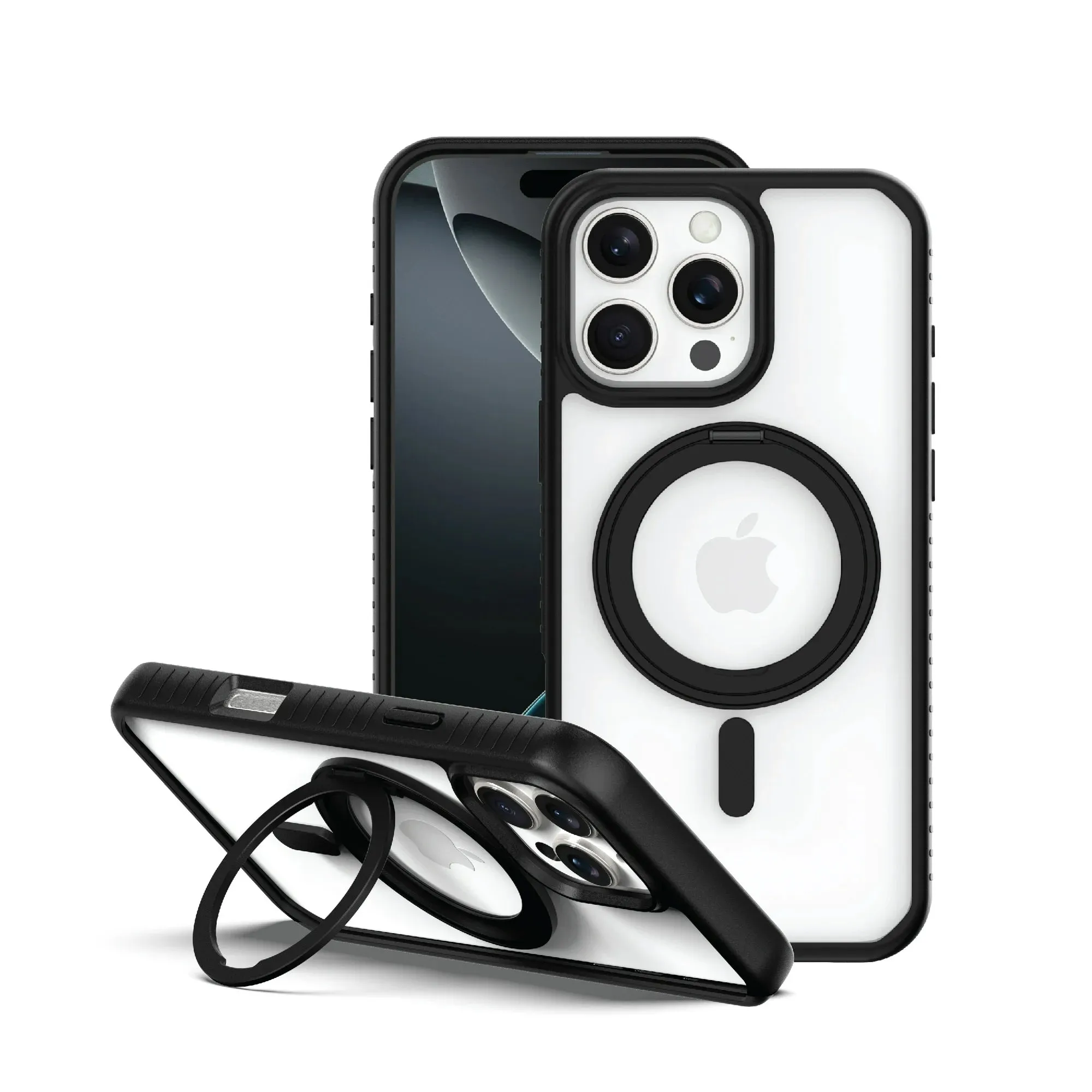 onn. WIBKCK100149689 MagSafe Compatible Phone Case with Ring Stand for iPhone 16 Pro - Black/Clear