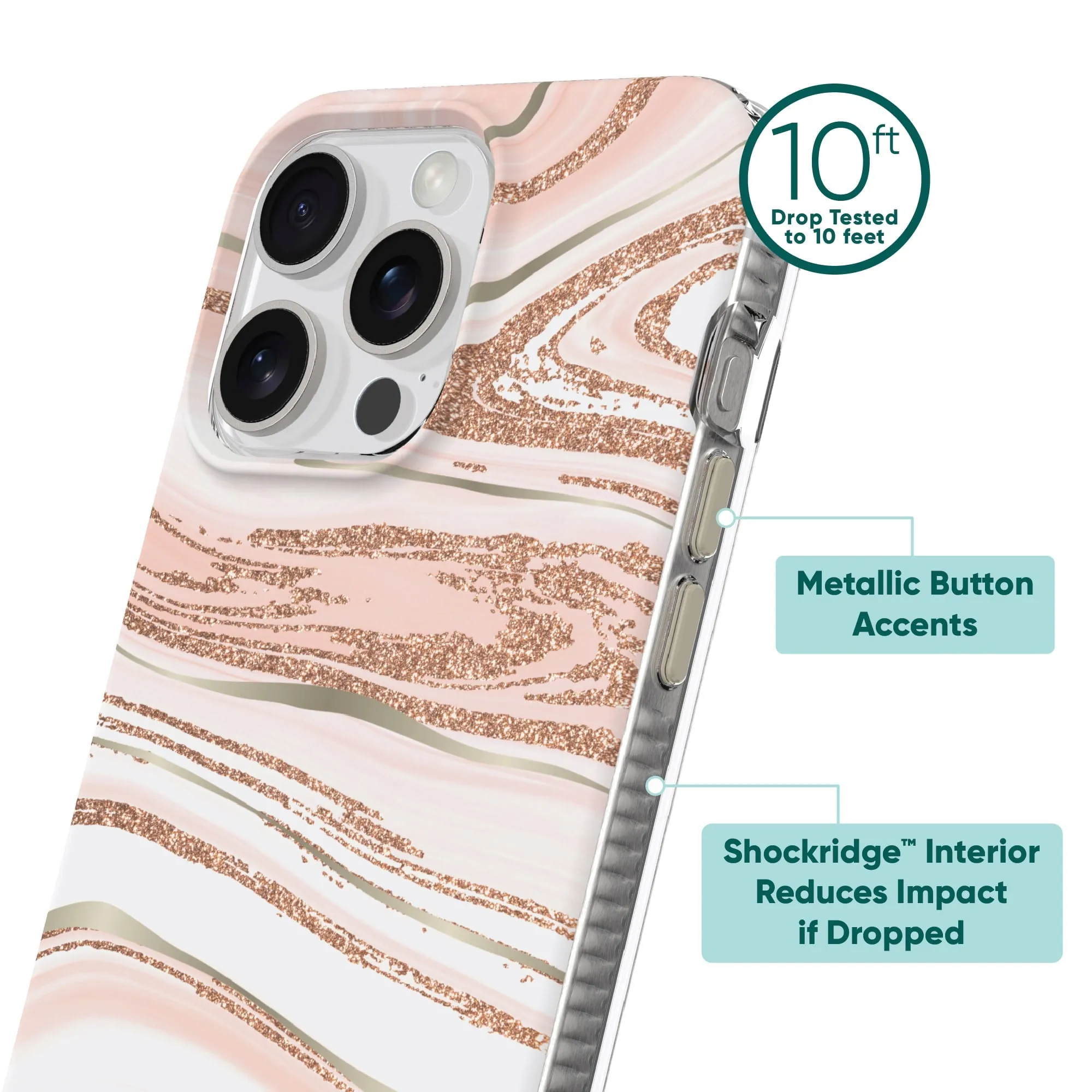 Onn WIBPGM100149714 Phone Case for iPhone 15 Pro Max - Pink Gold Marble - Shock-Absorbent, Drop Tested to 10 Feet
