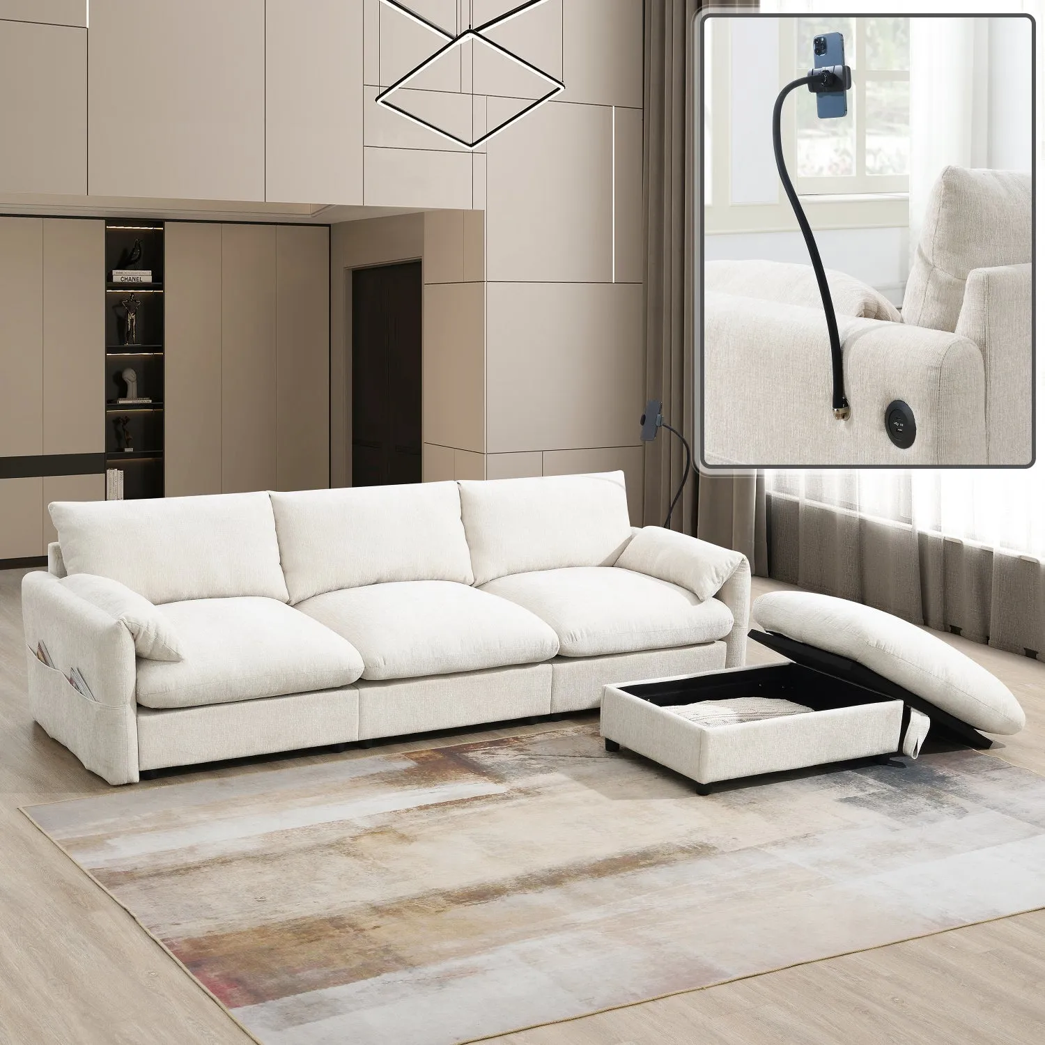 Streamdale Chenille Sectional Sofa w/ Ottoman, USB, & Phone Holder