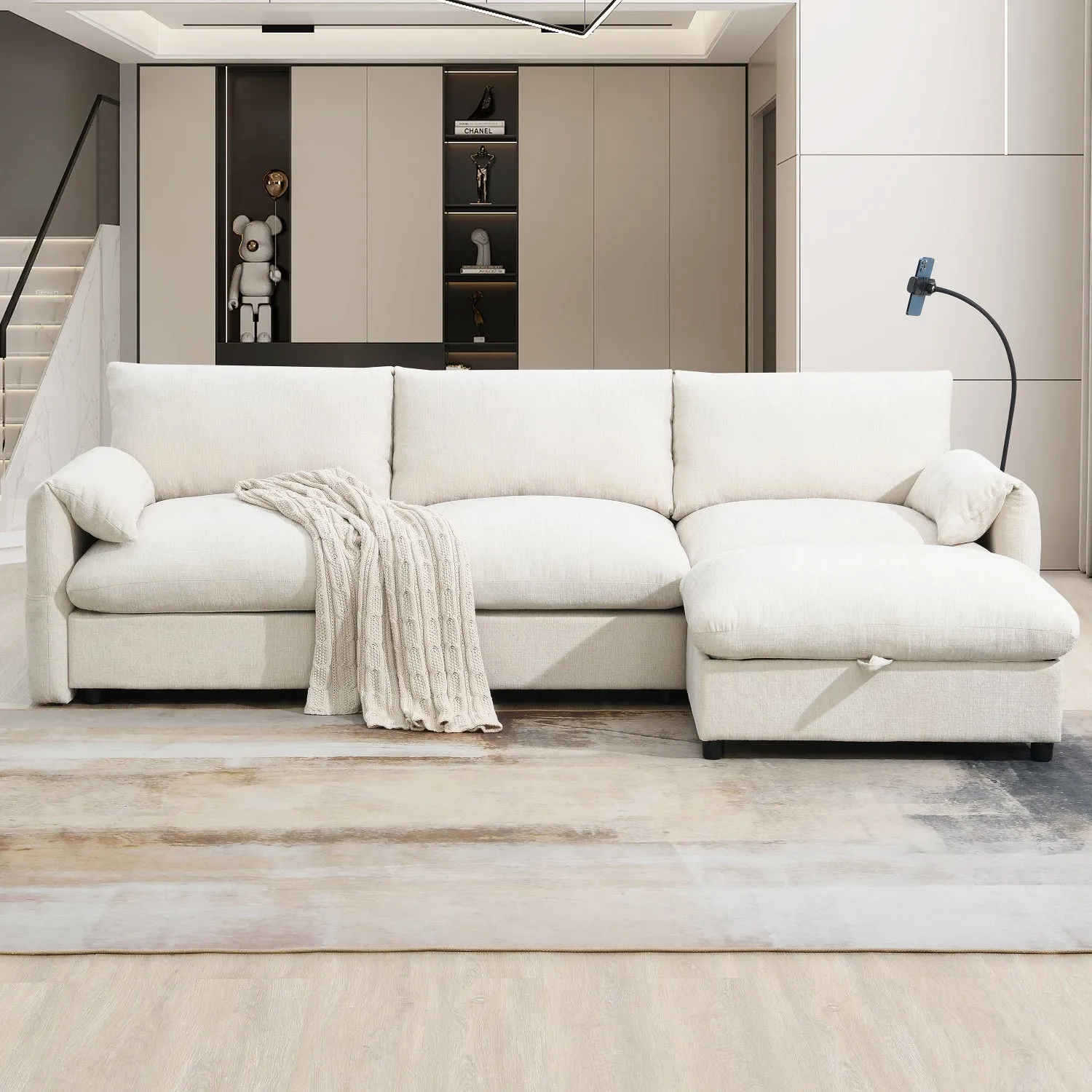 Streamdale Chenille Sectional Sofa w/ Ottoman, USB, & Phone Holder