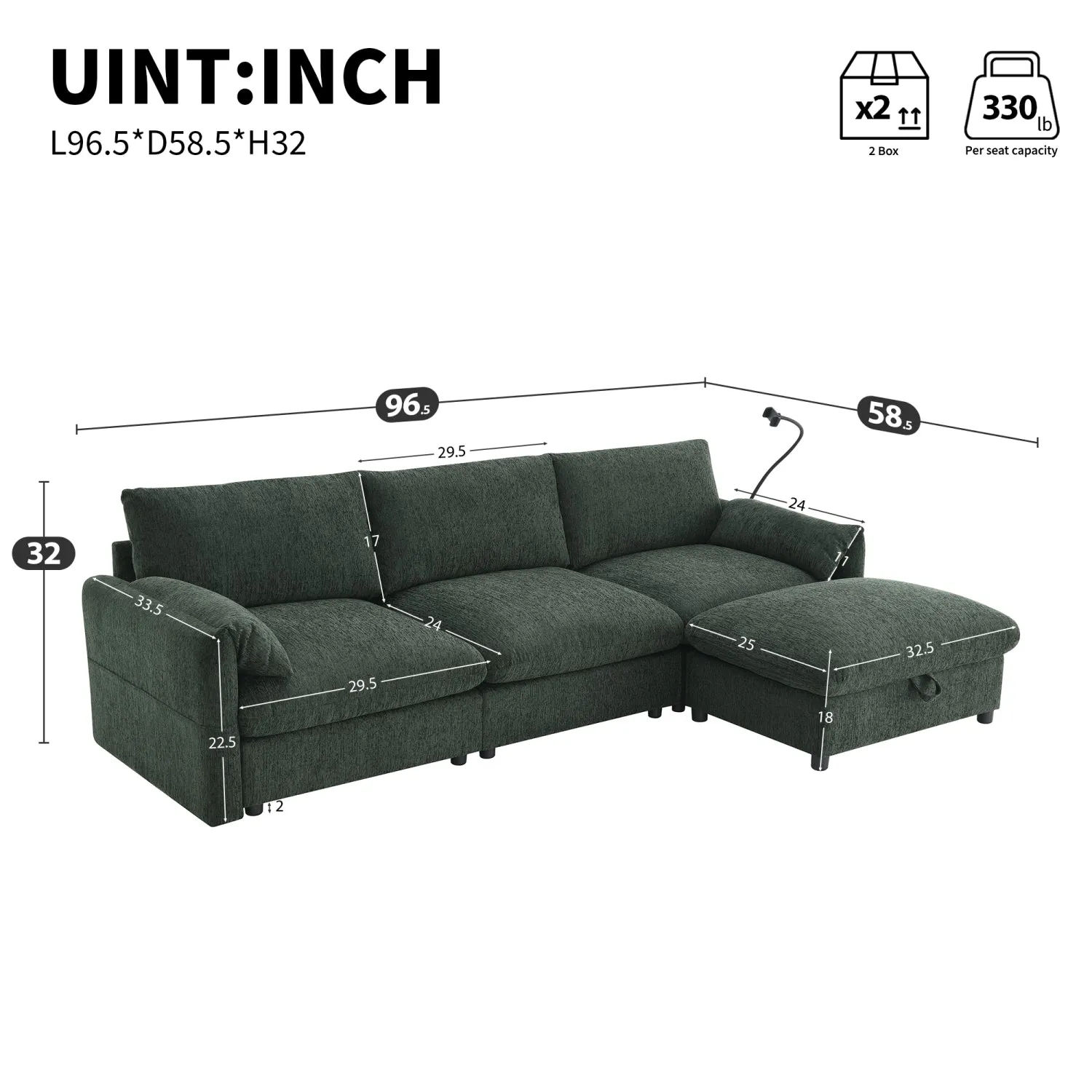Streamdale Chenille Sectional Sofa w/ Ottoman, USB, & Phone Holder