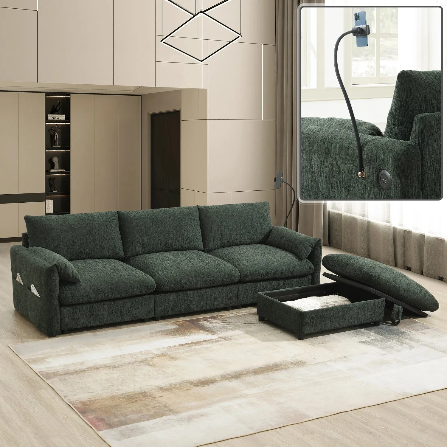 Streamdale Chenille Sectional Sofa w/ Ottoman, USB, & Phone Holder