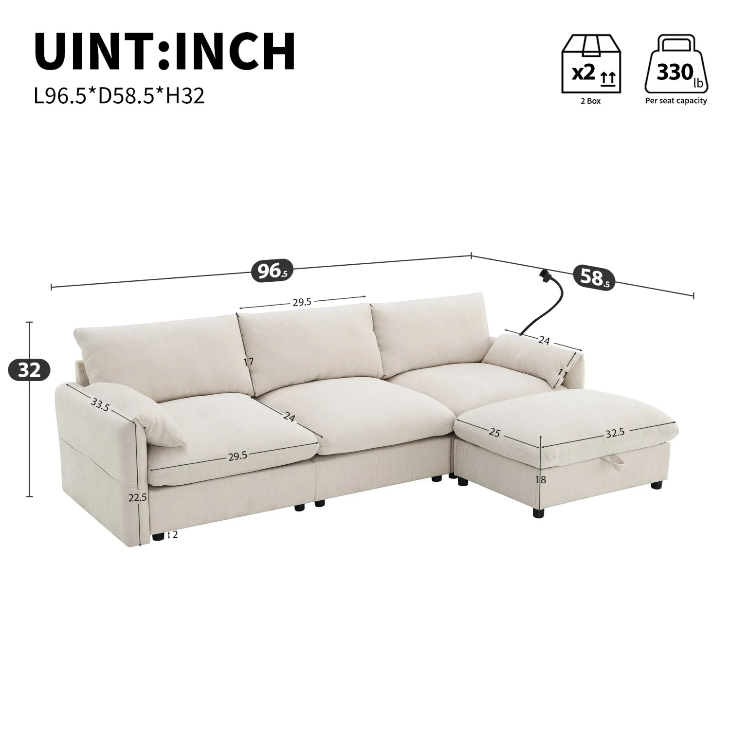 Streamdale Chenille Sectional Sofa w/ Ottoman, USB, & Phone Holder