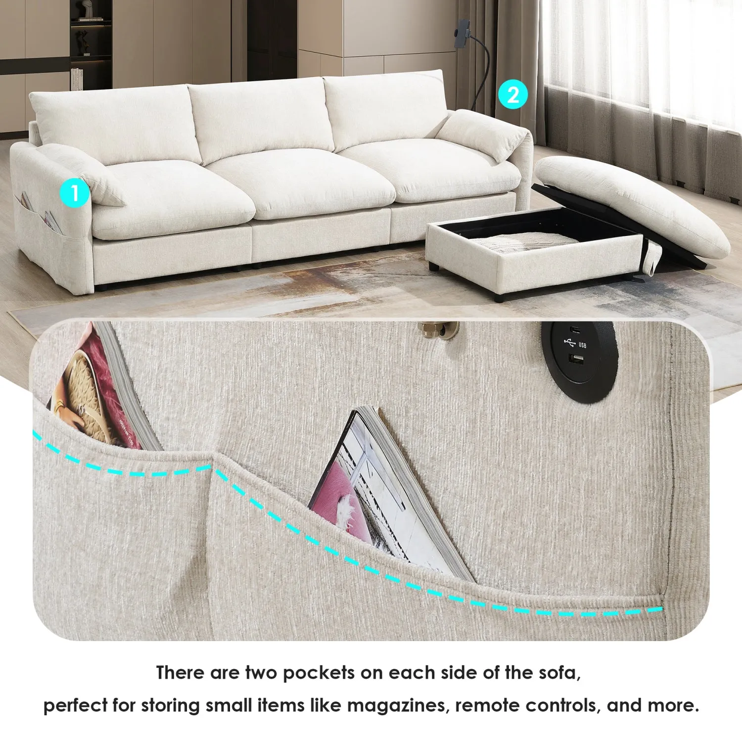 Streamdale Chenille Sectional Sofa w/ Ottoman, USB, & Phone Holder