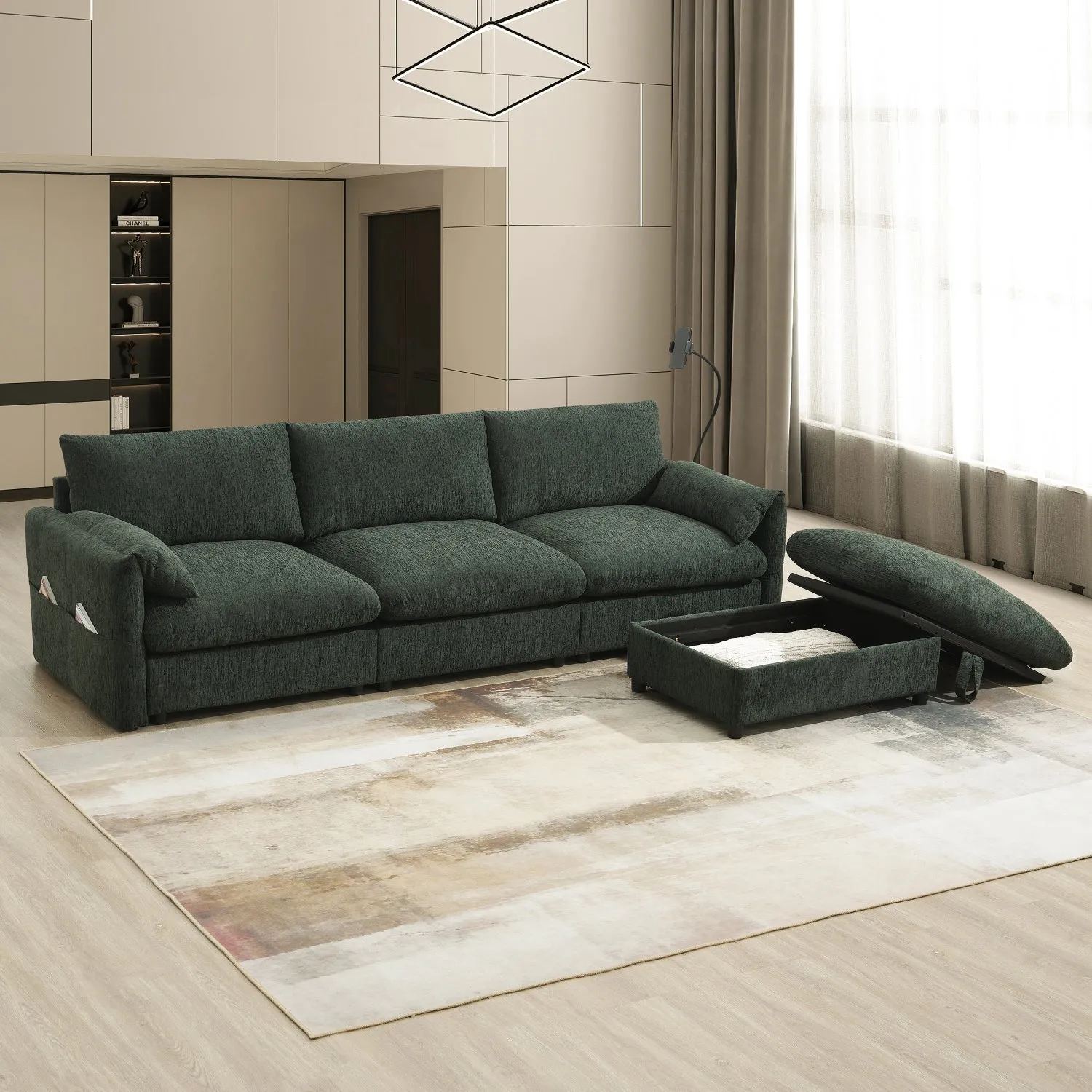Streamdale Chenille Sectional Sofa w/ Ottoman, USB, & Phone Holder