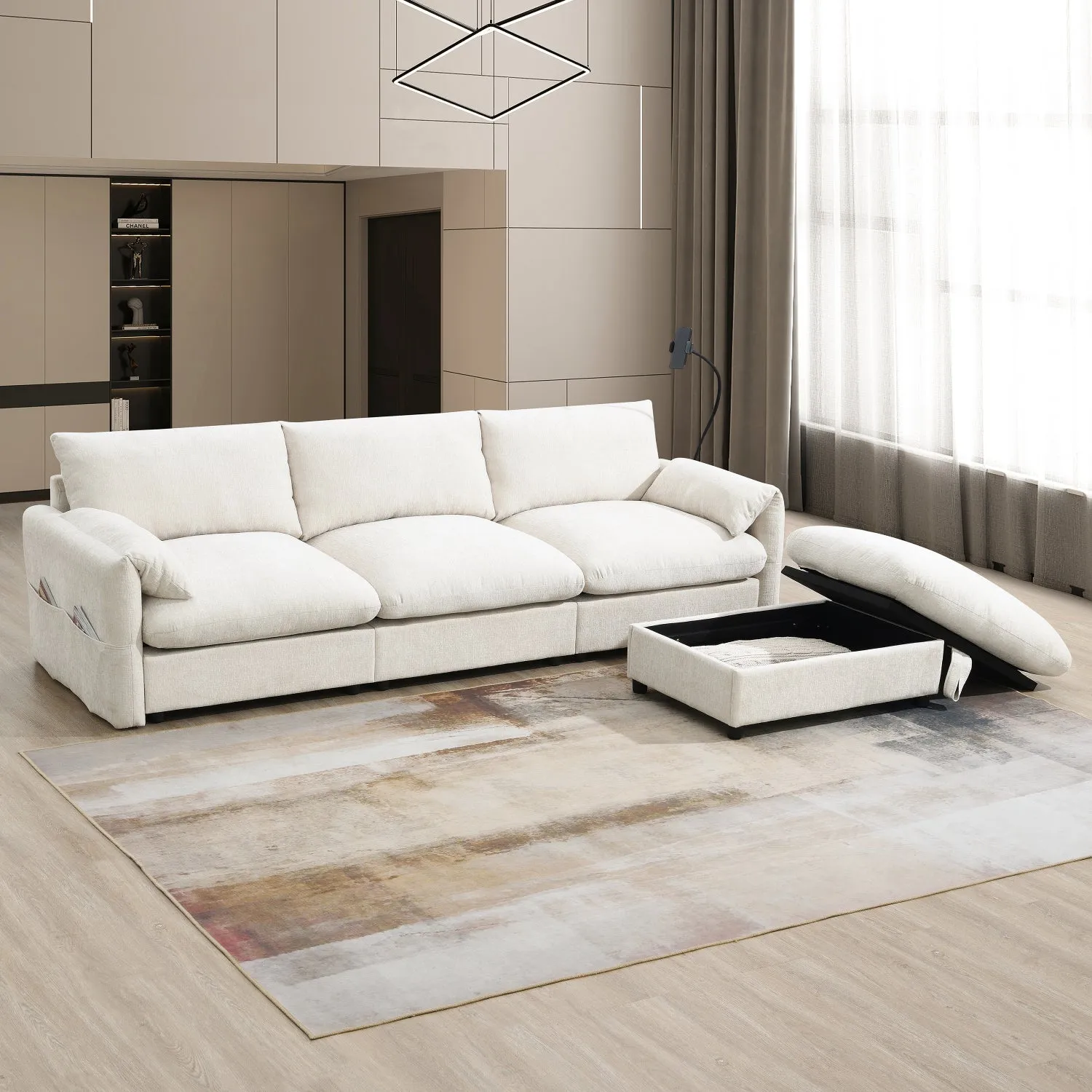 Streamdale Chenille Sectional Sofa w/ Ottoman, USB, & Phone Holder