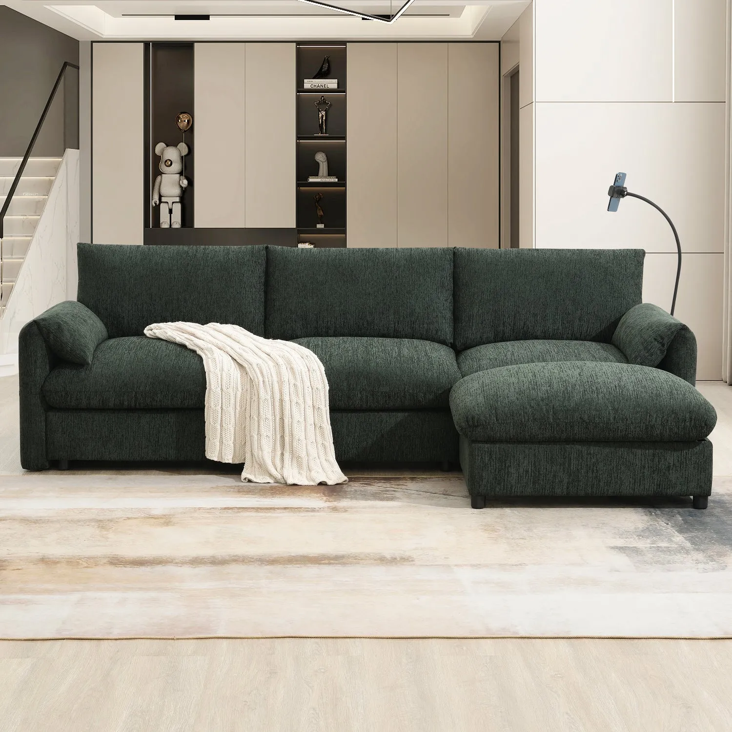 Streamdale Chenille Sectional Sofa w/ Ottoman, USB, & Phone Holder